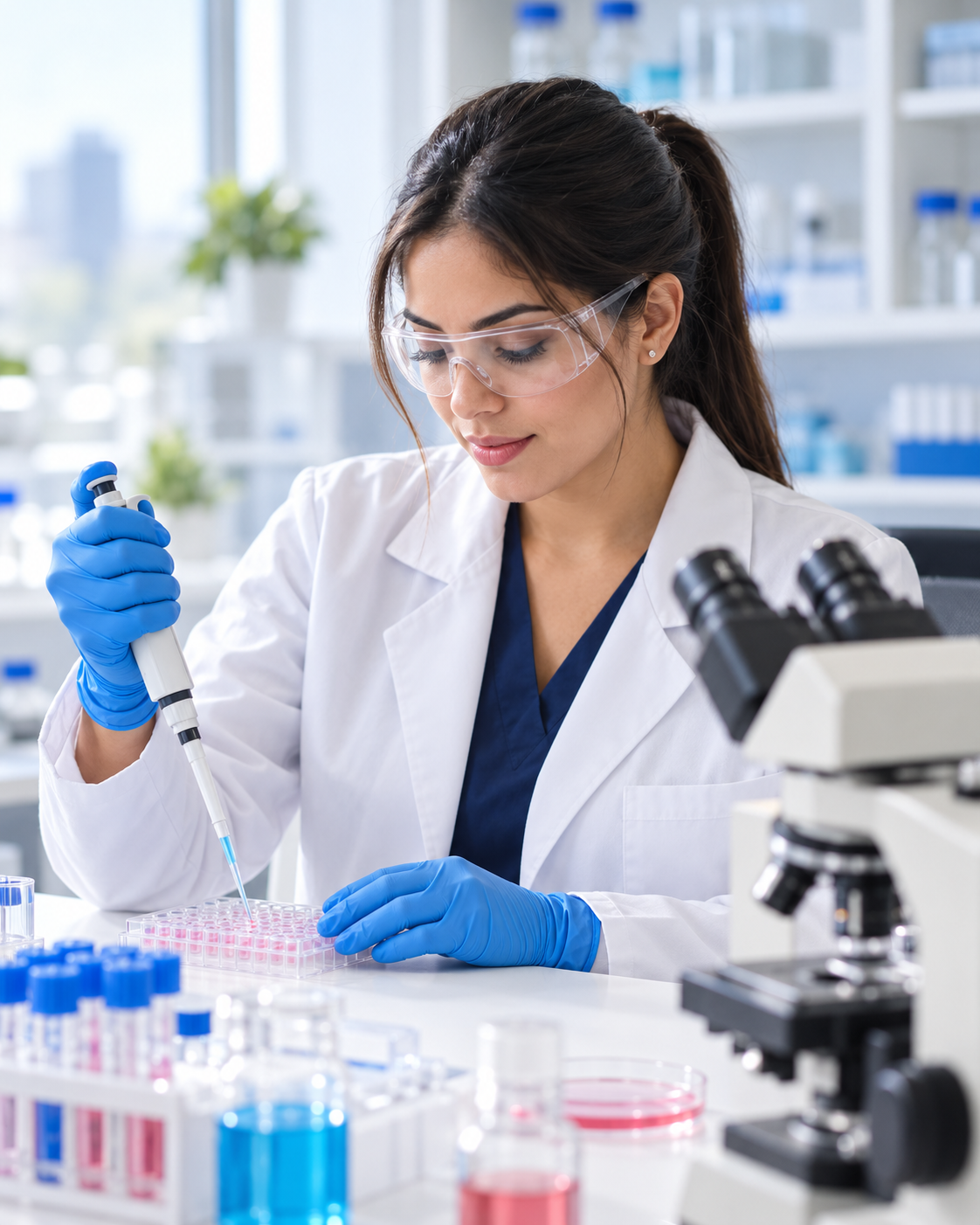 Analista de laboratorio utilizando micropipeta en una estación de trabajo Dymlab