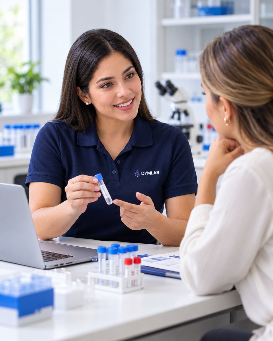 Asesoría técnica de Dymlab con cliente y muestra de laboratorio