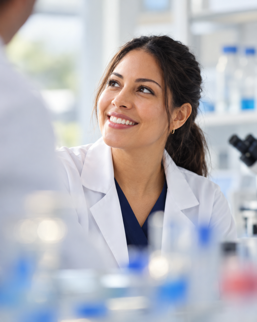 Profesional científica de Dymlab en laboratorio clínico