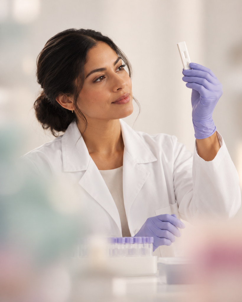 Profesional de laboratorio analizando una muestra en tubo