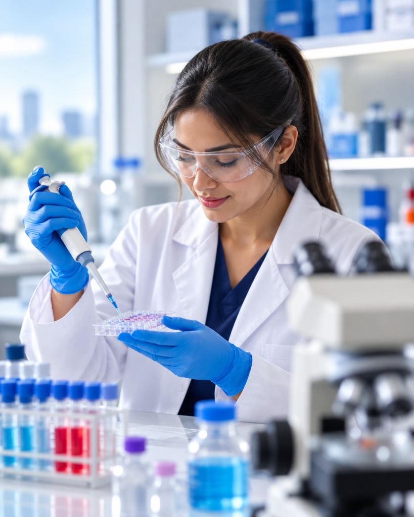 Profesional de Dymlab realizando pipeteo de muestras en laboratorio