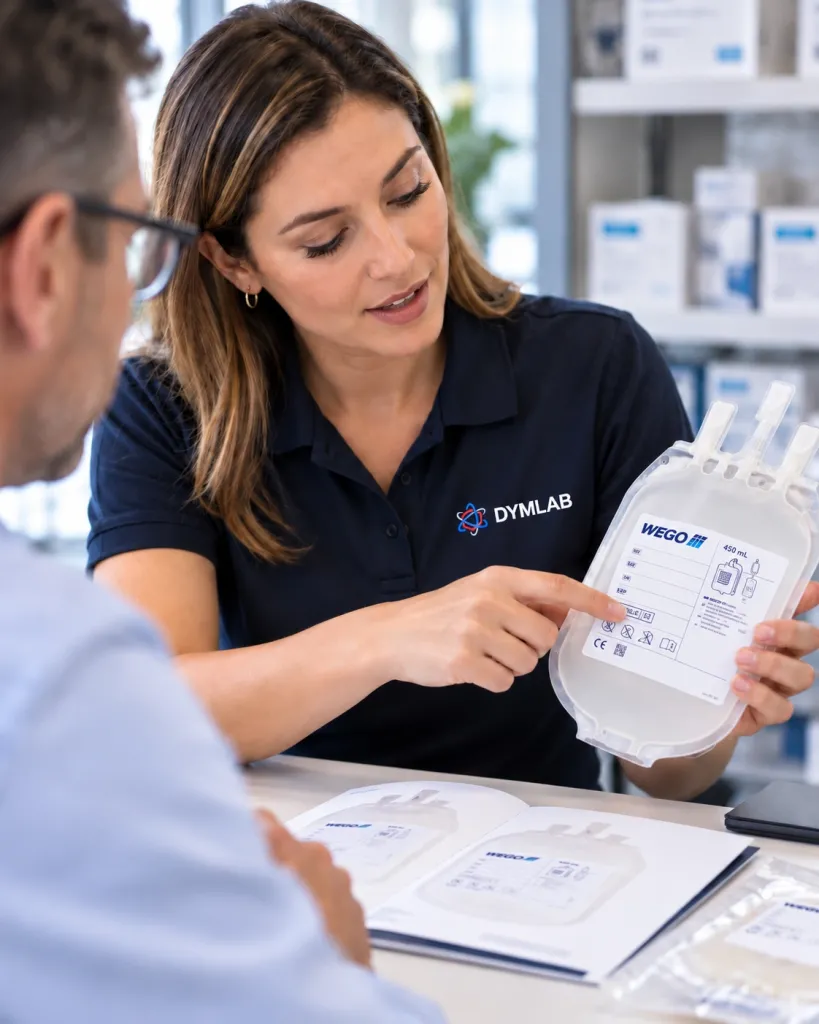 Asesoría de Dymlab con bolsa de sangre WEGO